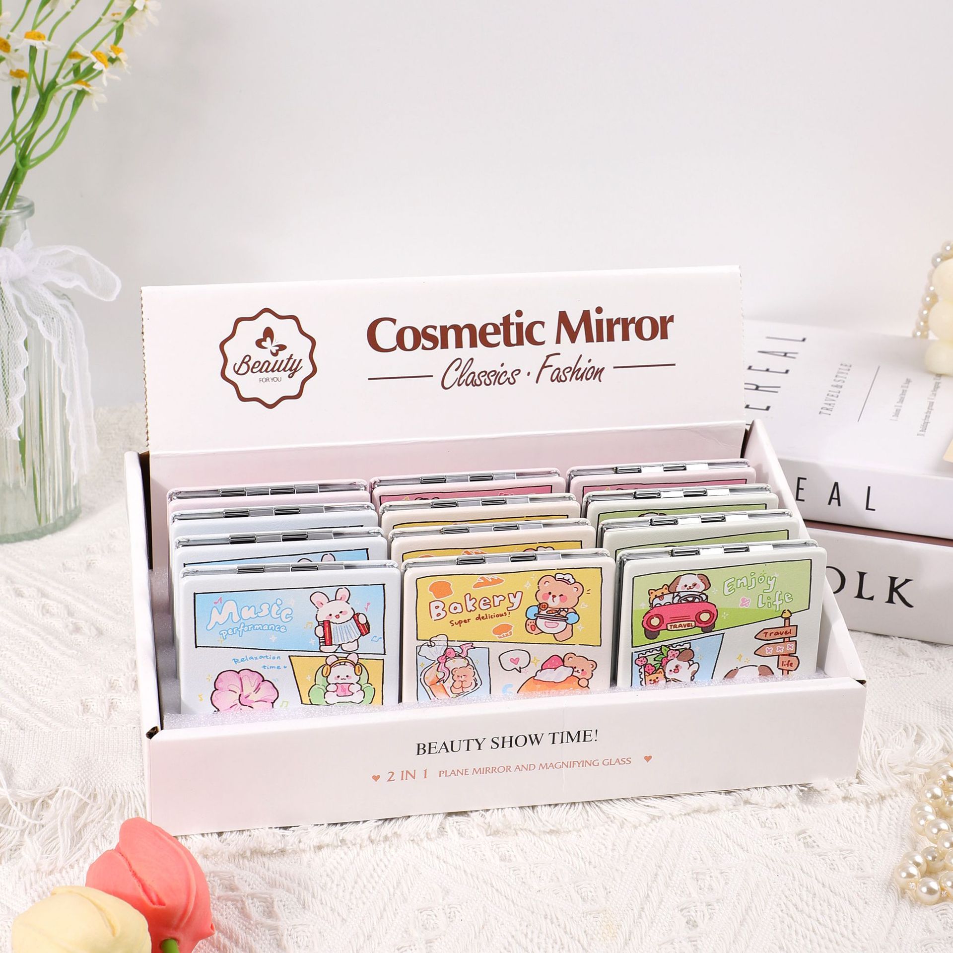 Yaliang Internet celebridad de dibujos animados lindo espejo portátil de moda pequeño espejo cosmético portátil de doble cara espejo regalo personalizado