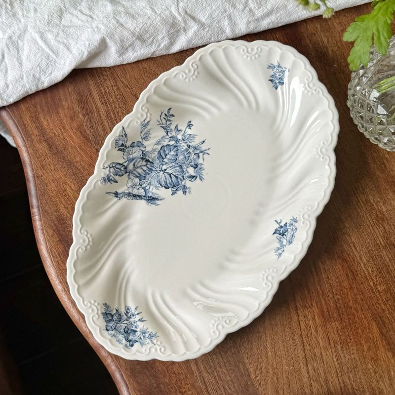 法式蓝色凌霄花浮雕陶瓷餐具盘子陶瓷碗咖啡杯碟下午茶餐盘高脚盘|undefined