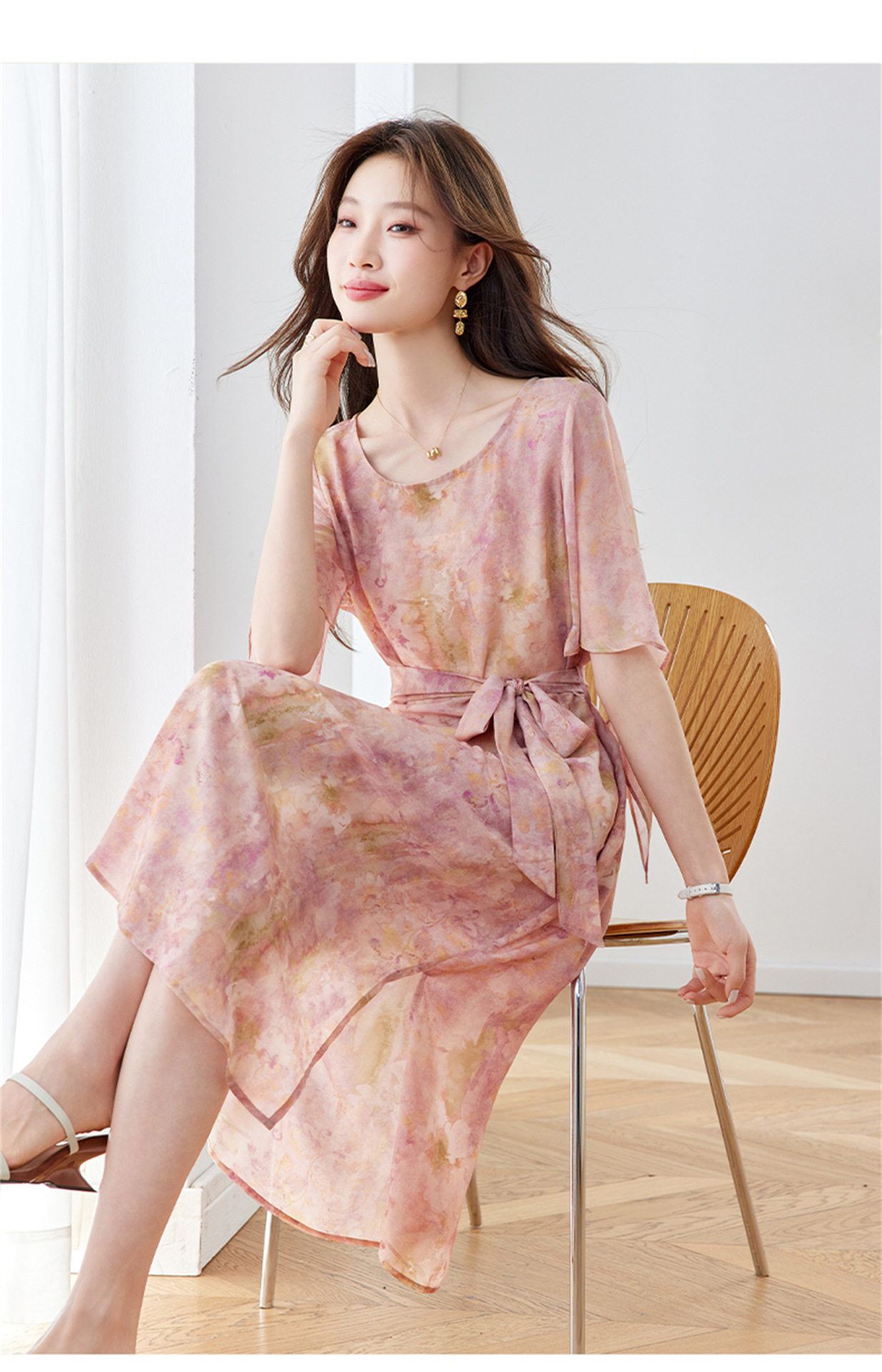 Đầm maxi nữ thắt eo in họa tiết hoa tay ngắn dáng suông che khuyết điểm — xanh lam, Màu hồng chi tiết 14