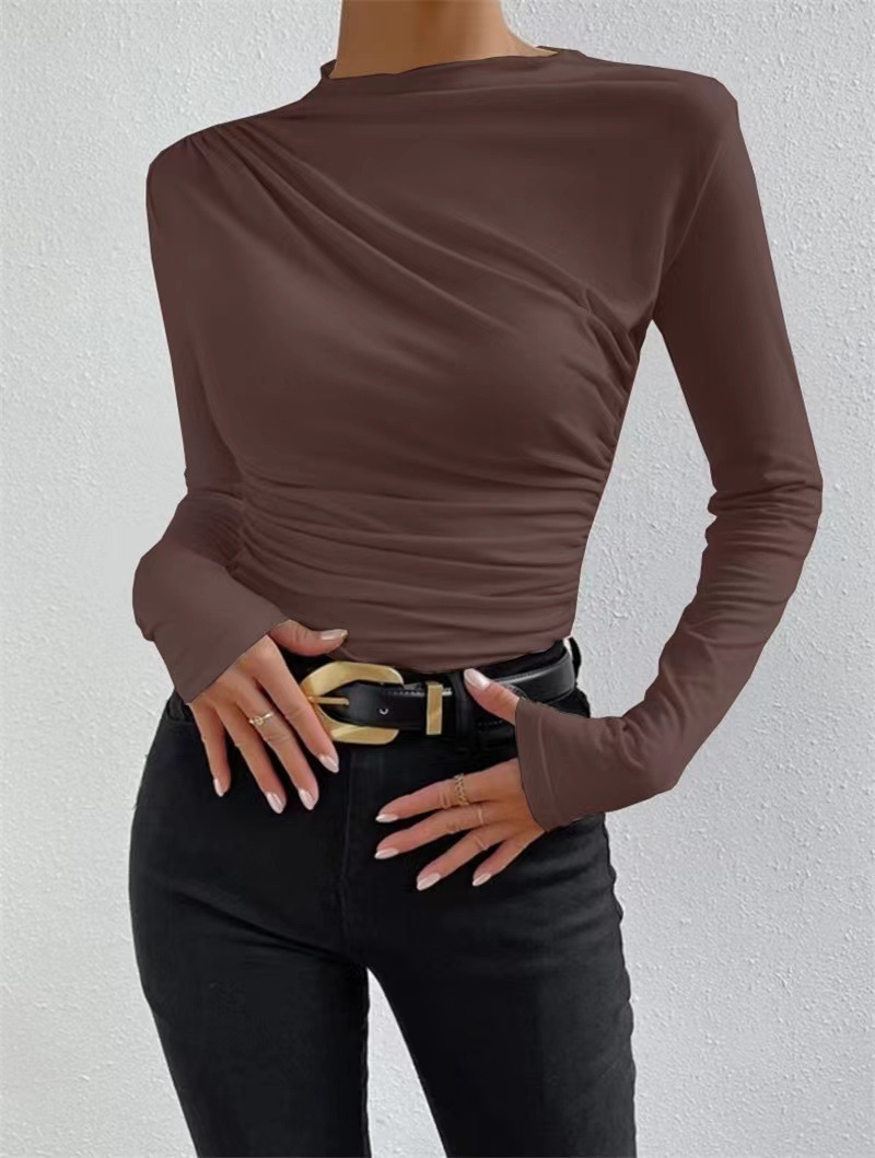 Women's Slim Fit Long Sleeve T-shirt With Round Neck Solid Colour_voghion.com