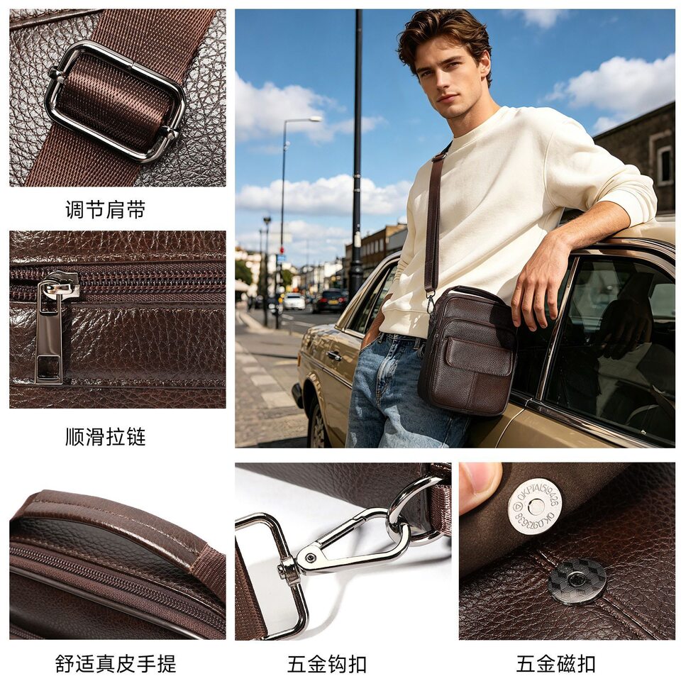 Túi đeo chéo nam da bò thật dáng đứng cao cấp, túi đeo vai phong cách casual dễ phối đồ — Cà phê cỡ nhỏ, Màu đen cỡ nhỏ, Cà phê cỡ lớn, Đen cỡ lớn