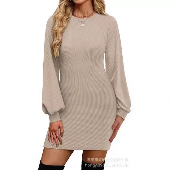 女式针织连衣裙秋冬季亚马逊欧美女装新款修身泡泡袖纹理短裙女