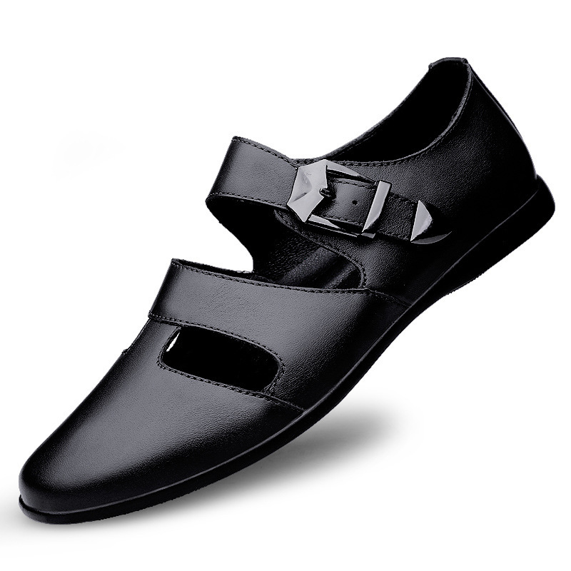 Men's Shoes 2025 Summer New Fashion Buckle High-Quality Anti-Odor Breathable Flat Wear-Resistant Hollow Leather Shoes Trendy