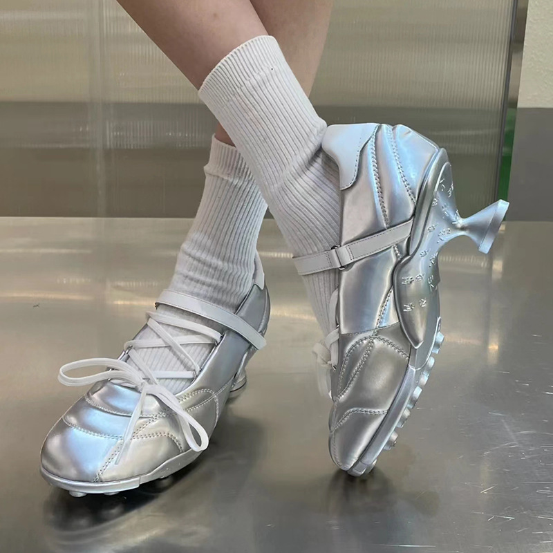 [Ready Stock] Interstellar Series Silver Lace Bow Sports Style Ballet Shoes Ballet Kitten Heel Moral Training Shoes