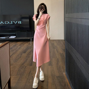 French Style Dress for Women, Summer Pleated Waist, Belly-Covering, Slimming Look Design, Niche Pink T-Shirt Dress, High-End