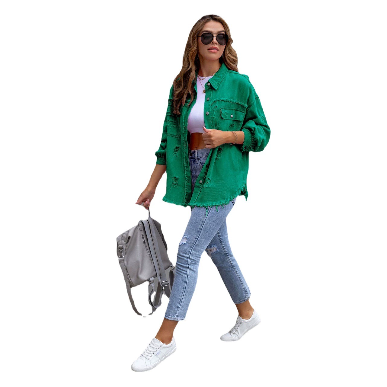 2023 Европа и внешняя торговля США Сладкая мода горячая девушка лето новый лацкан с длинным рукавом выстиранное джинсовое пальто женское