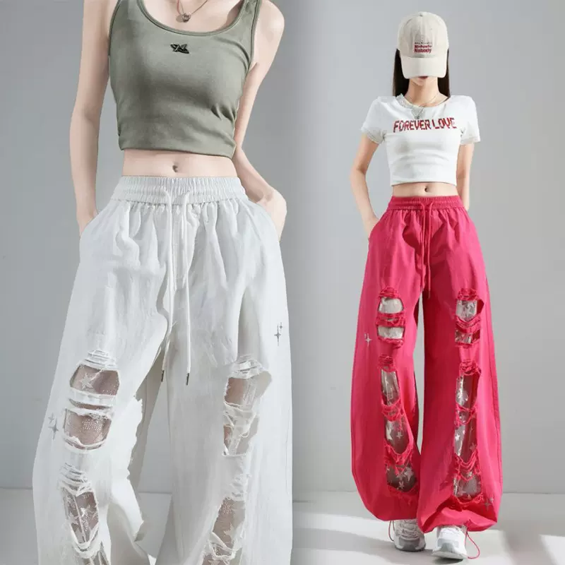 破洞蕾丝拼接刺绣工装裤女2025夏新款高腰阔腿束脚两穿休闲裤长裤