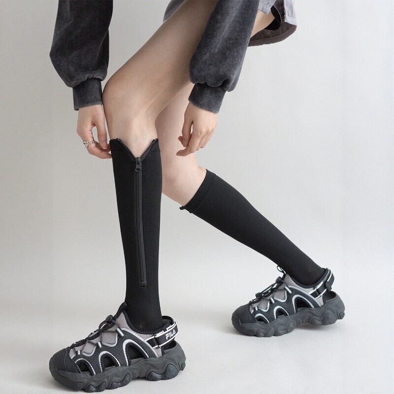 Zipper Sports Socks Running Men's Non-Slip Sweat-Absorbent Training Long Football Socks Women's Calf Shaping Compression Elastic Socks