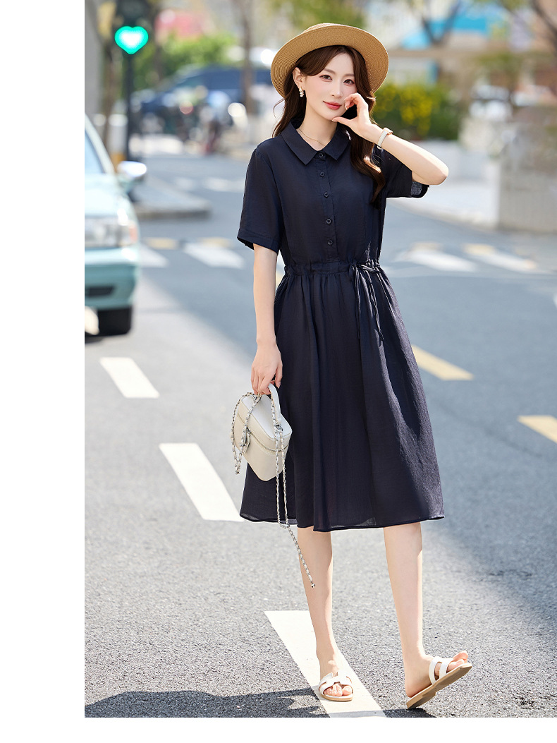 Đầm suông nữ midi dây rút eo cổ điển tay ngắn — Xanh lông mòng đen, màu đỏ chi tiết 7