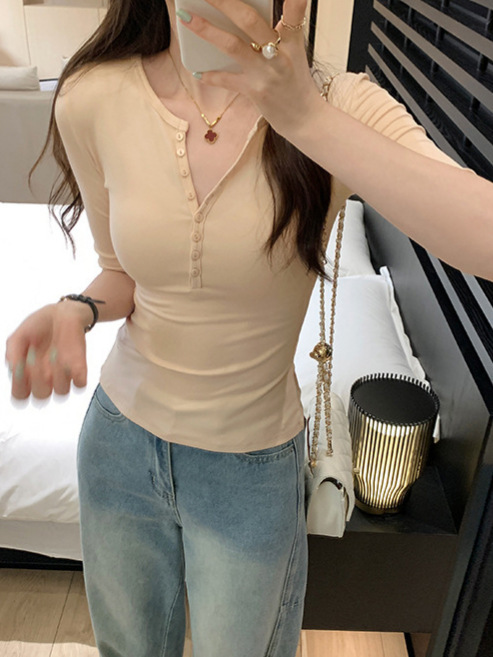 美式正肩V领紧身中袖t恤女2025夏季纯欲修身显瘦气质内搭辣妹上衣|undefined