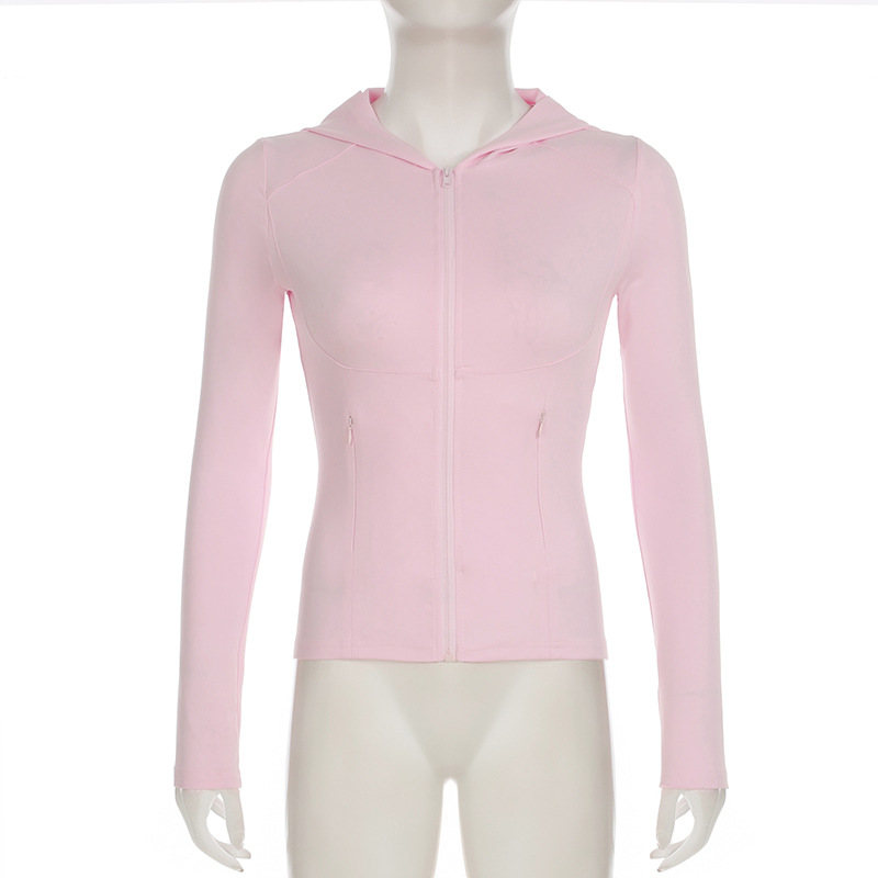 Solid Color Sports Fitness Running Top Yoga Slim Fit Fall Winter Outer Wear Hooded Zipper T shirt for Women