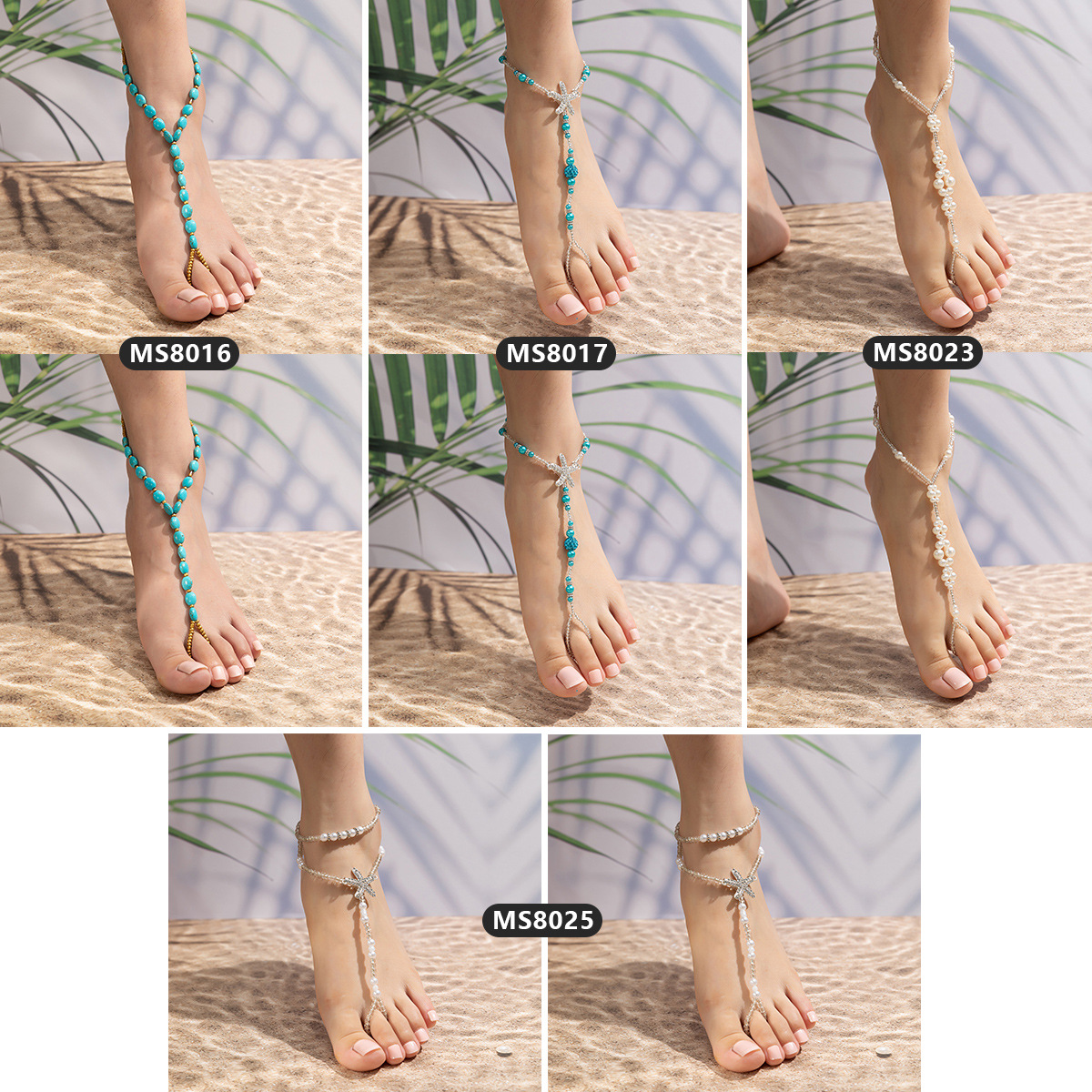 Cuerda elástica de perlas de imitación europea y americana con tobillera Diamante Estrella de mar con cuentas Adornos de pie de diamantes de imitación Conjunto de turquesa azul