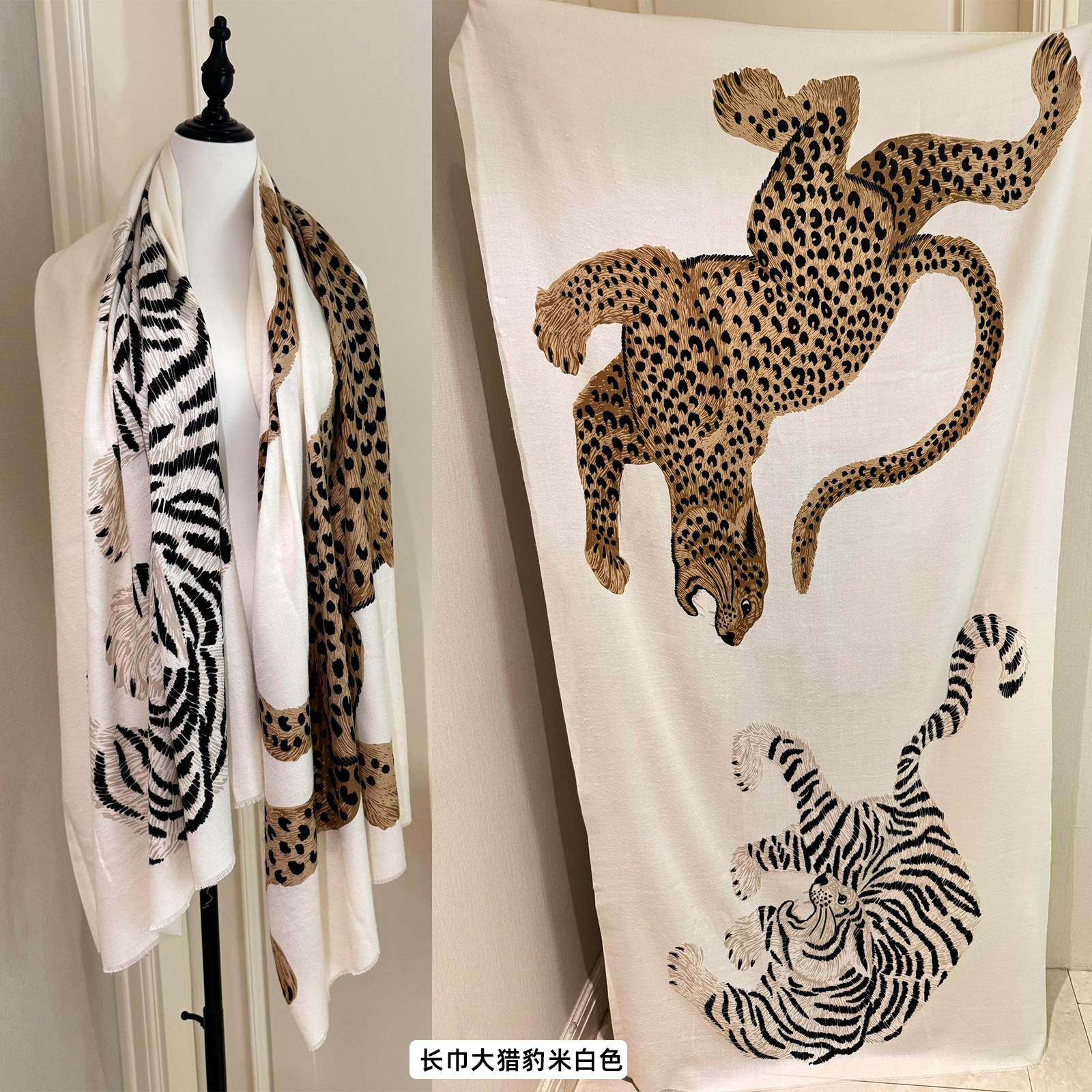 Tiger leopard print old money style vintage artistic shawl cotton-linen scarf for women, sun-protective, pleated, thin, breathable silk scarf
