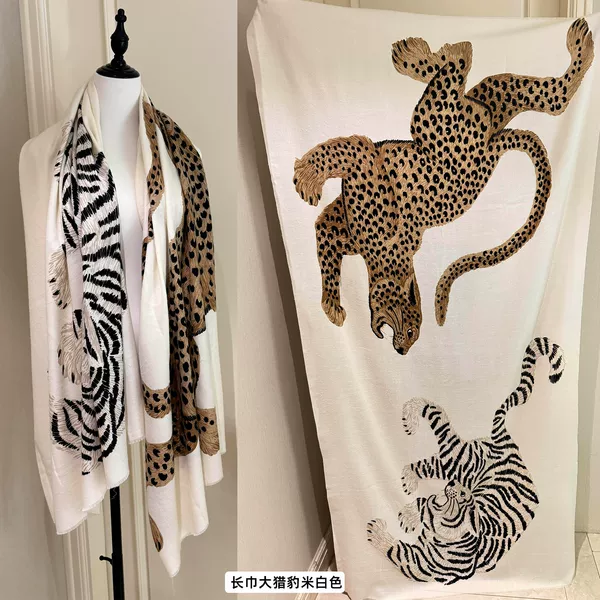 Tiger leopard print old money style vintage artistic shawl cotton-linen scarf for women, sun-protective, pleated, thin, breathable silk scarf