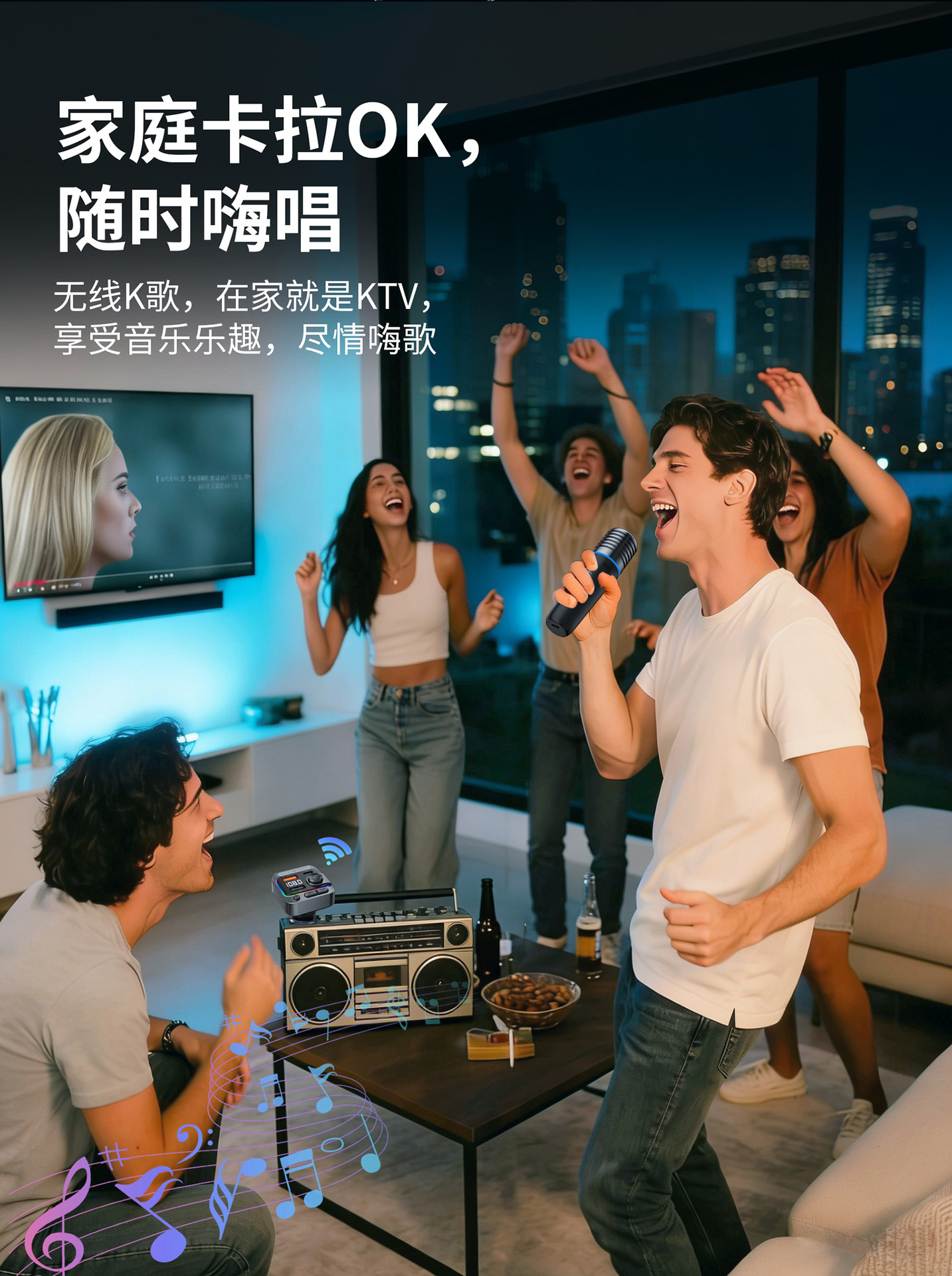 Car Bluetooth Karaoke MP3 Player with Car-Mounted Microphone, KTV Cigarette Lighter Adapter, and Charging Plug