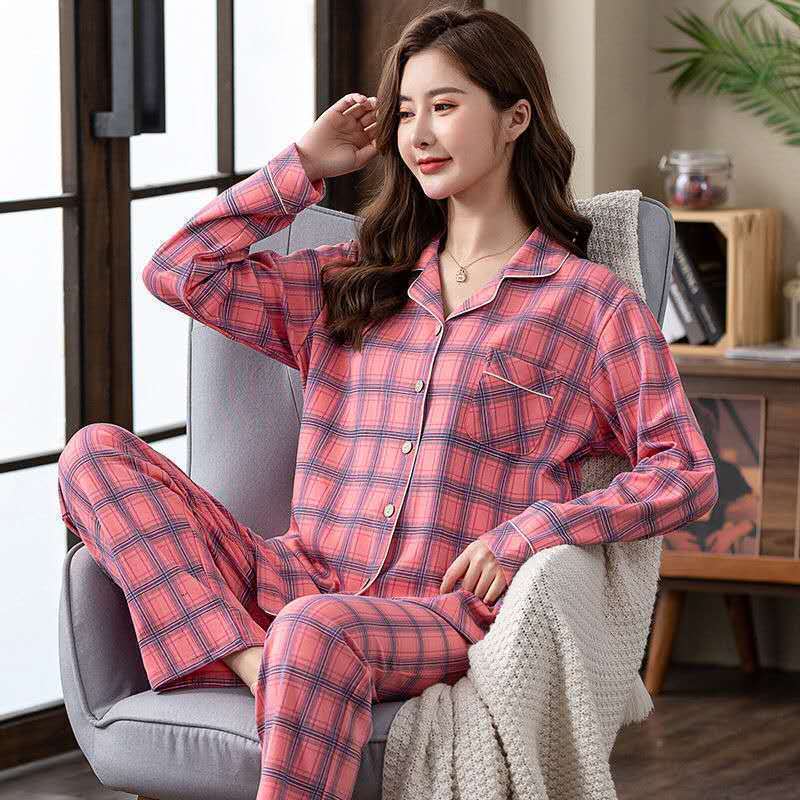 Pijamas de algodón Primavera y otoño de las mujeres chaqueta de manga larga traje de mediana edad y las madres mayores más tamaño al aire libre desgaste del hogar de invierno