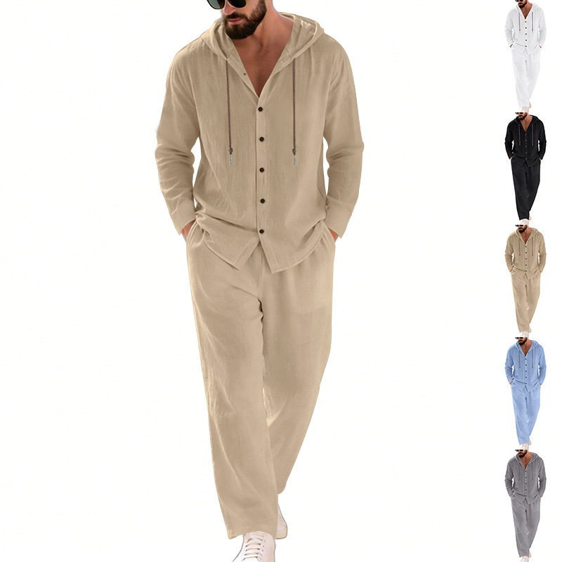 2026 Cross-Border American-Style Linen Breathable Beach Long-Sleeve Hooded Shirt Casual Straight Loose Pants Set 2026 Cross-Border American-Style Linen Breathable Beach Long-Sleeve Hooded Shirt Casual Straight Loose Pants Set