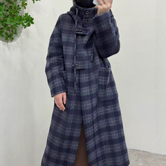 2025秋冬新款韩版宽松蓝格子连帽羊毛外套正品牛角扣双面羊毛大衣