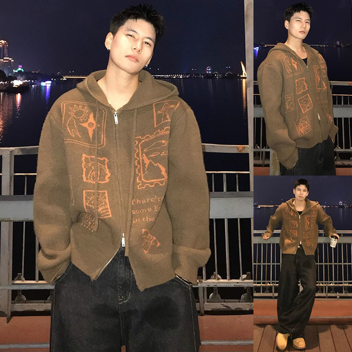 Hooded Retro Melard Knit Sweater Men's Cardigan Jacket Old Money Style Autumn and Winter Sweater Cross-Border Factory Wholesale