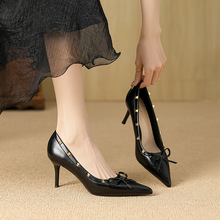 真皮气质高级不累脚尖头高跟鞋女2025年新款细跟蝴蝶结铆钉单鞋女