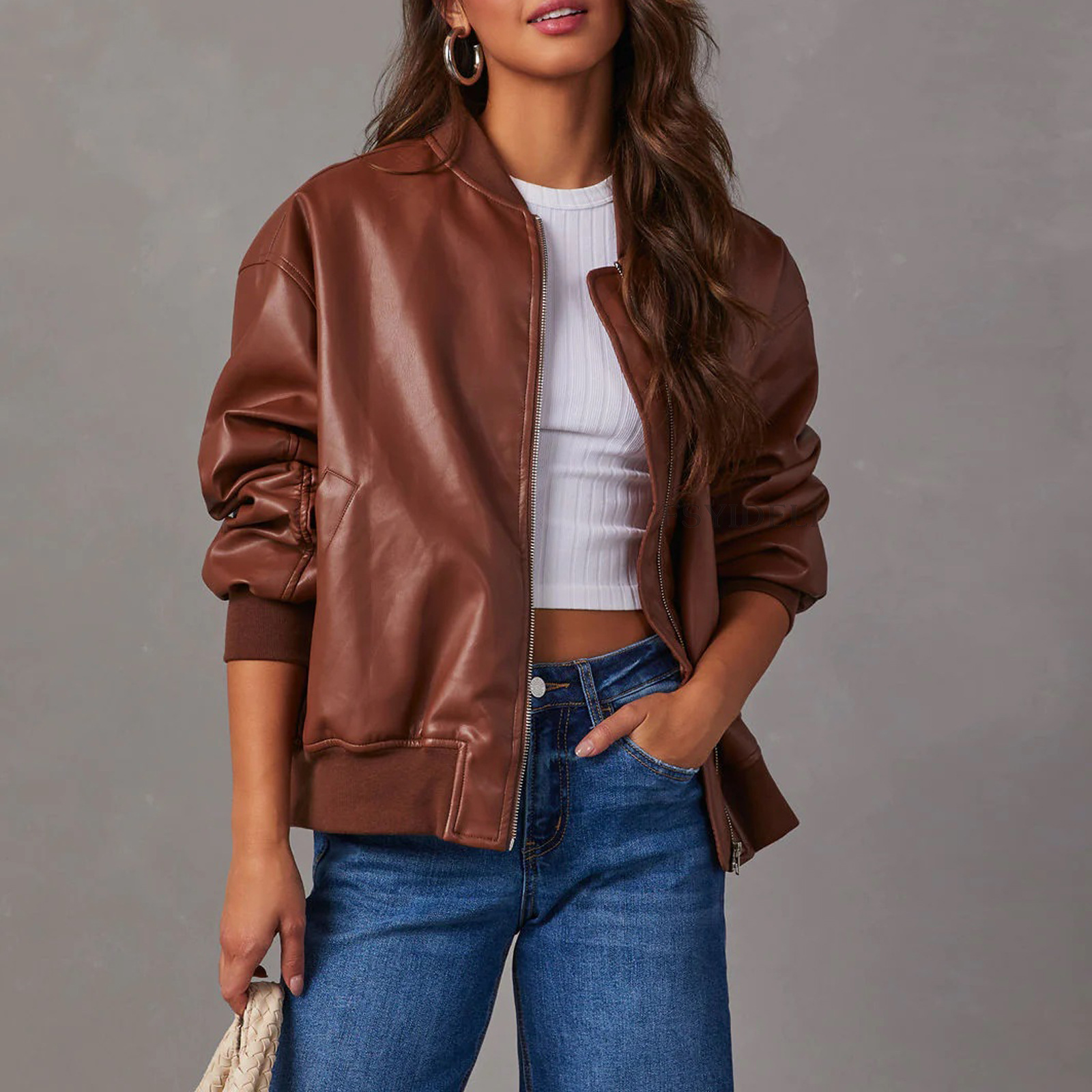 Women's Clothing Autumn and winter PU leather baseball jacket long sleeved motorcycle jacket leather jacket women_voghion.com