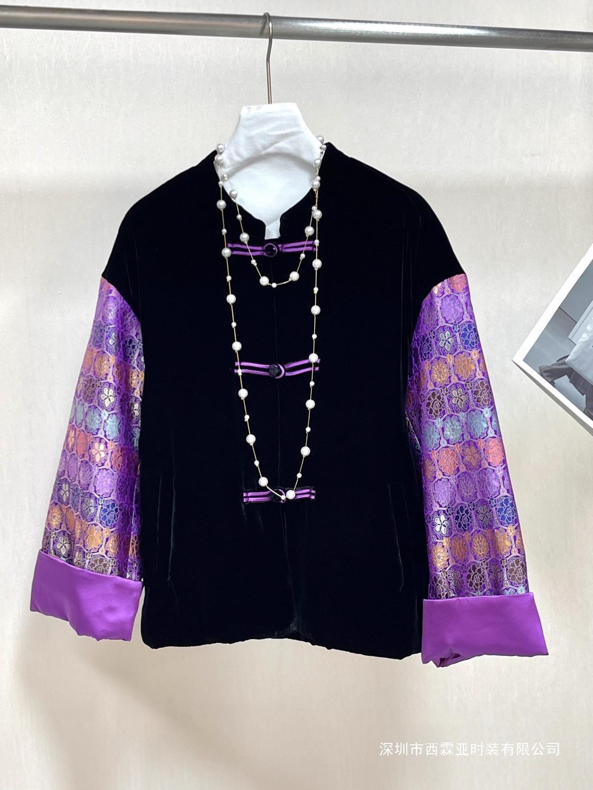 深圳南油女装二色新中式真丝丝绒不规则拼色夹棉外套秋冬复古盘扣