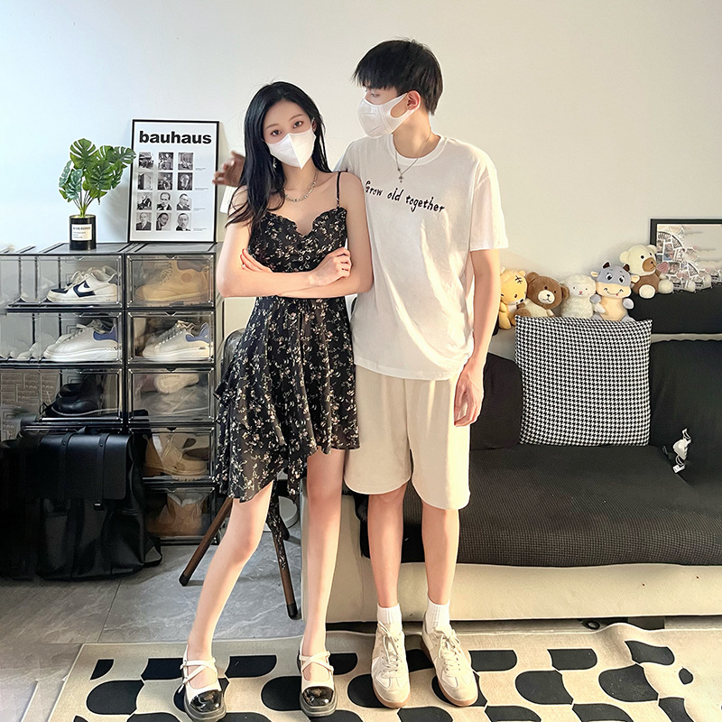커플의 여름 2023 슬랙에 대한 순수한 욕망 틈새 불규칙한 꽃 슬립 스커트 원피스 스파이스 걸스 남자 티셔츠