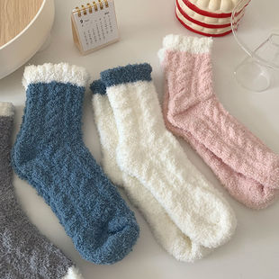Macaron coral velvet sleep socks for women autumn and winter thickened fleece-lined girl winter furry home floor socks for women