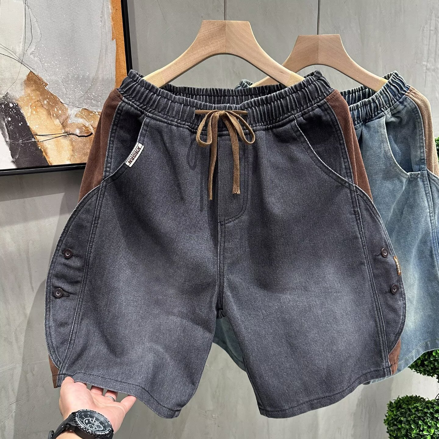 Men's Retro Distressed Denim Shorts Summer Casual Loose Fit Color Block Five Point Drawstring Elastic Waist Plus Size Mid-Length_mkmklike.com