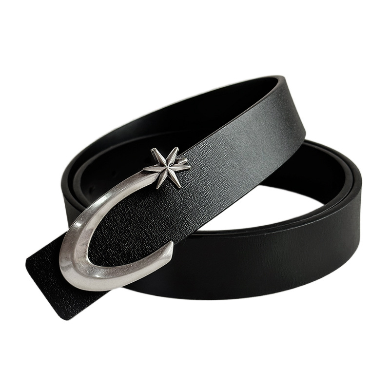 Niche Designer Men and Women Electroplated Silver Buckle Leather Belt Trendy Punk INS Same Style Belt Star Customization