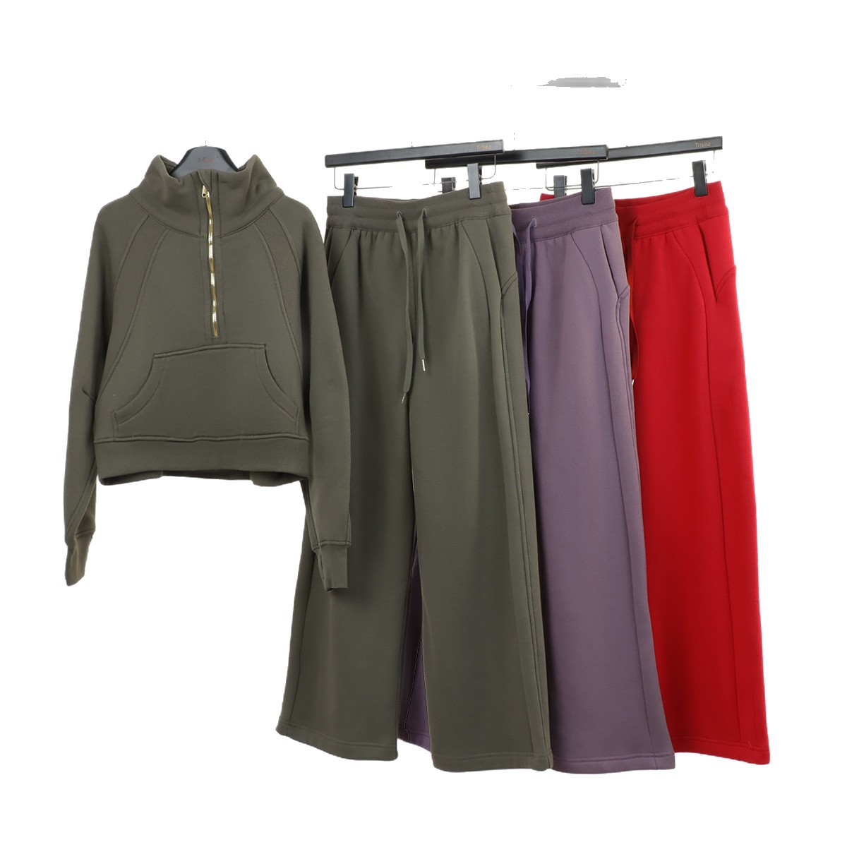 Women's Stand Collar Half-Zip Hoodie Sweatsuit Set Fleece-Lined Scuba Jacket Joggers Casual Sportswear_voghion.com
