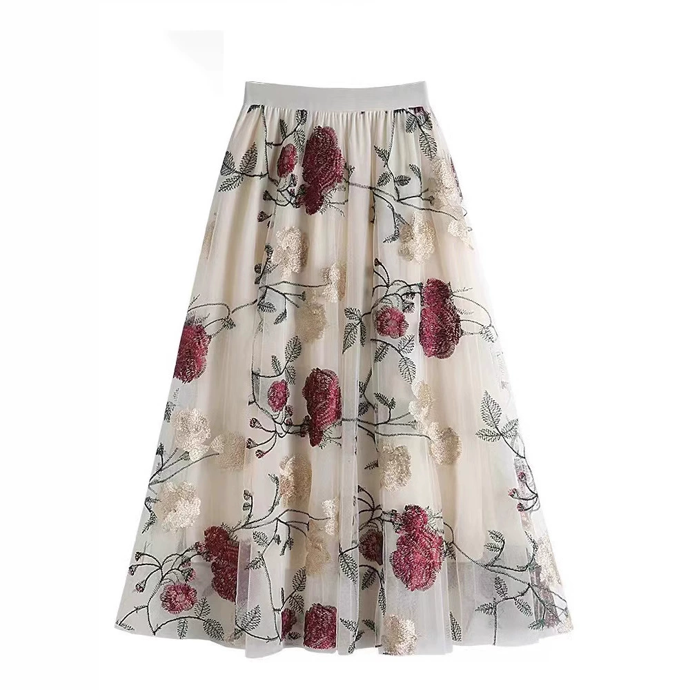 Новый ретро с высокой талией тонкая вышивка большие цветы модная сладкая сетчатая пряжа средняя длинная фея юбка