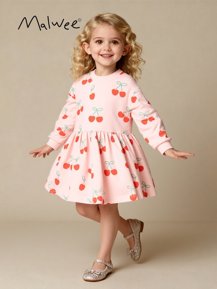 Cross-border malwee niñas suéter vestido otoño y invierno nuevo estilo europeo y americano niño de cuello redondo vestido de impresión encantador