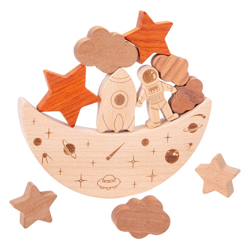 Los niños de madera montessori pensamiento educativo educación temprana padre-hijo montaje interactivo juguete de madera espacio luna equilibrio bloques de construcción