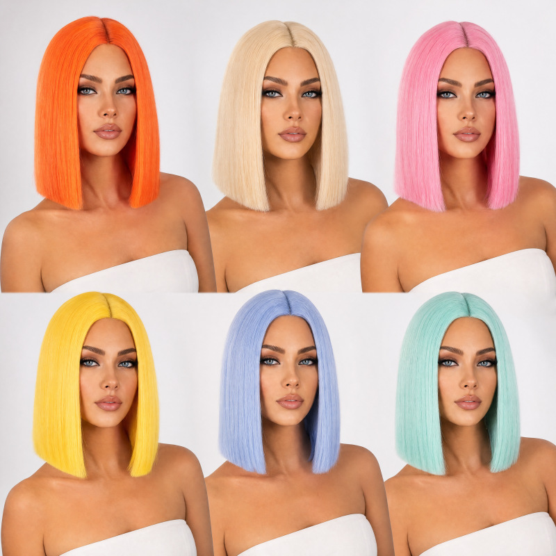 European and American Women's Multi-Color Wigs, Fashionable and Fluffy Everyday Bobo Style, Synthetic High-Temperature Fiber, Middle-Parted Short Straight Hair European and American Women's Multi-Color Wigs, Fashionable and Fluffy Everyday Bobo Style, Synthetic High-Temperature Fiber, Middle-Parted Short Straight Hair