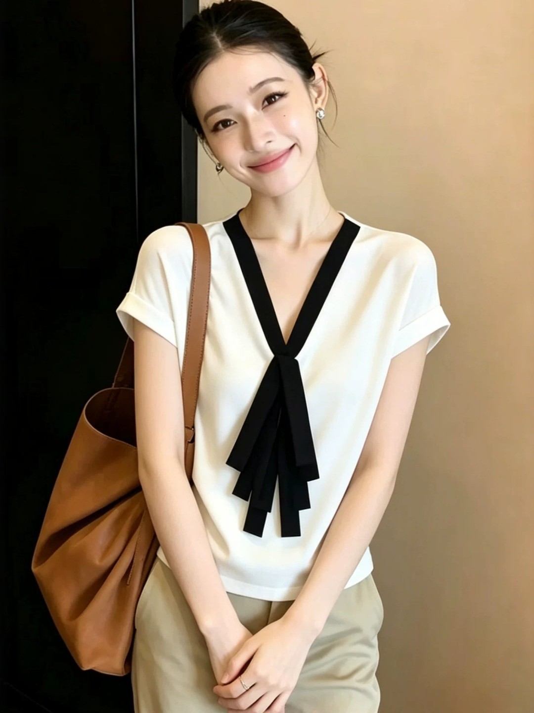 Áo thun nữ cổ V phối màu tay ngắn phong cách Hàn Quốc — Màu ảnh