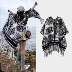 秋冬新款水墨画复古时尚高级感披肩外搭女仿羊绒加厚保暖披风围巾