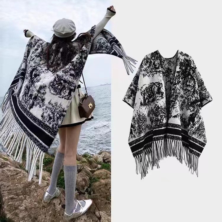 秋冬新款水墨画复古时尚高级感披肩外搭女仿羊绒加厚保暖披风围巾|undefined