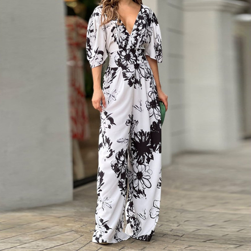 Mono elegante de manga murciélago con estampado holgado y cintura alta para mujer, nueva colección primavera-verano 2025 de comercio exterior transfronterizo.