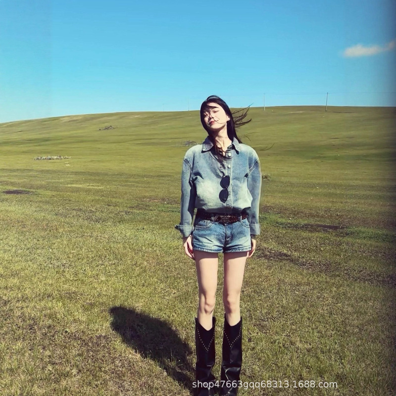 Xinjiang Northwest Western Tourism Blue Retro Top Washed Shirt Summer and Autum Straight Denim Shorts Suit