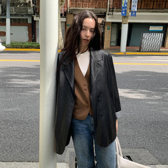 【清仓不退不换】MOXI 十三行韩版宽松皮衣外套女休闲西装PU夹克