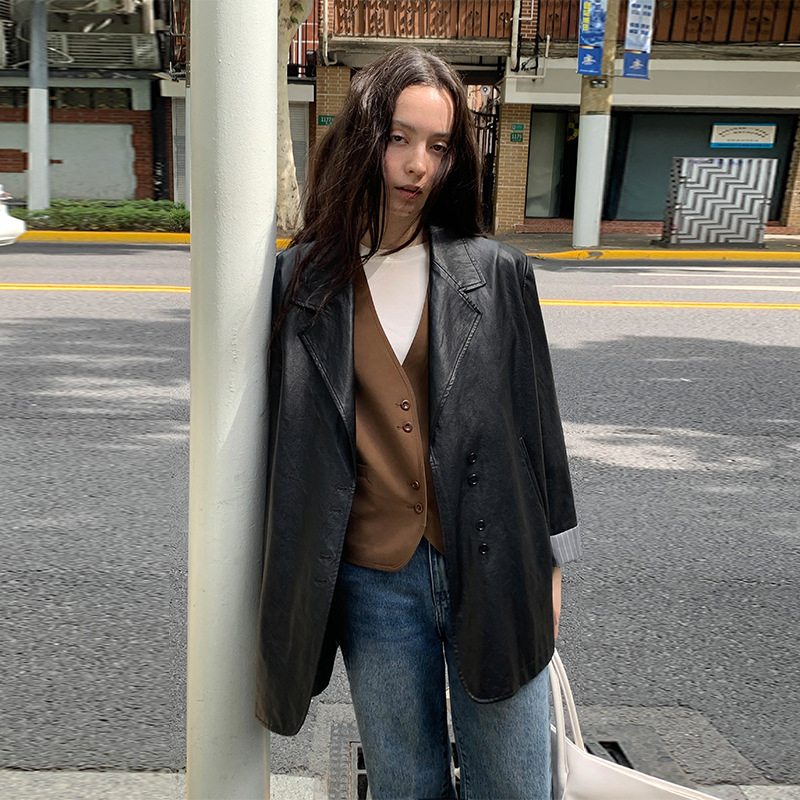 【Clearance No Returns or Exchanges】Moxi Thirteen Rows Korean Style Loose Leather Jacket Women's Casual Suit Pu Jacket