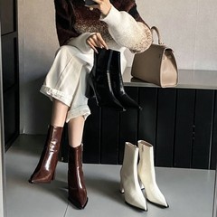 尖头短靴女气质黑色时装裸靴显瘦百搭粗跟法式弹力瘦瘦靴2025新款