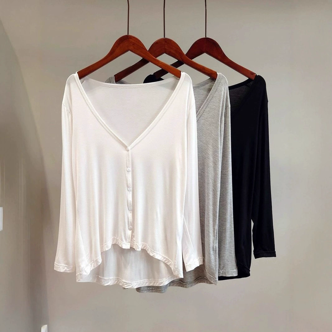 Новая летняя женская рубашка из модала на хлопковой основе, однотонная верхняя одежда, кардиган с длинными рукавами, тонкий облегающий топ с V-образным вырезом.