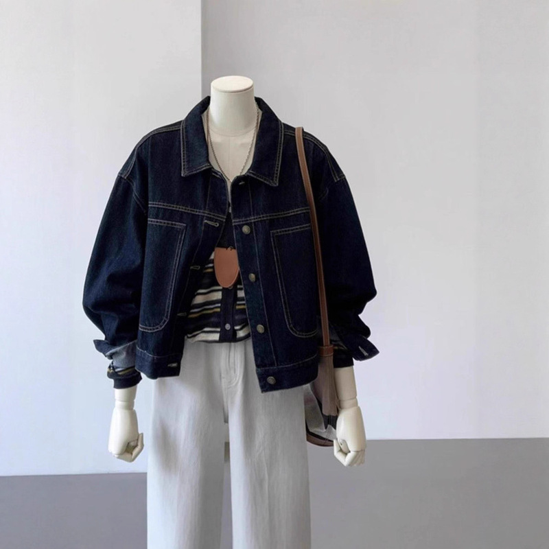 Spring and Autumn New Dark Blue Short Denim Tops Women's Korean Style Casual Pocket Design Workwear Style Slim Top