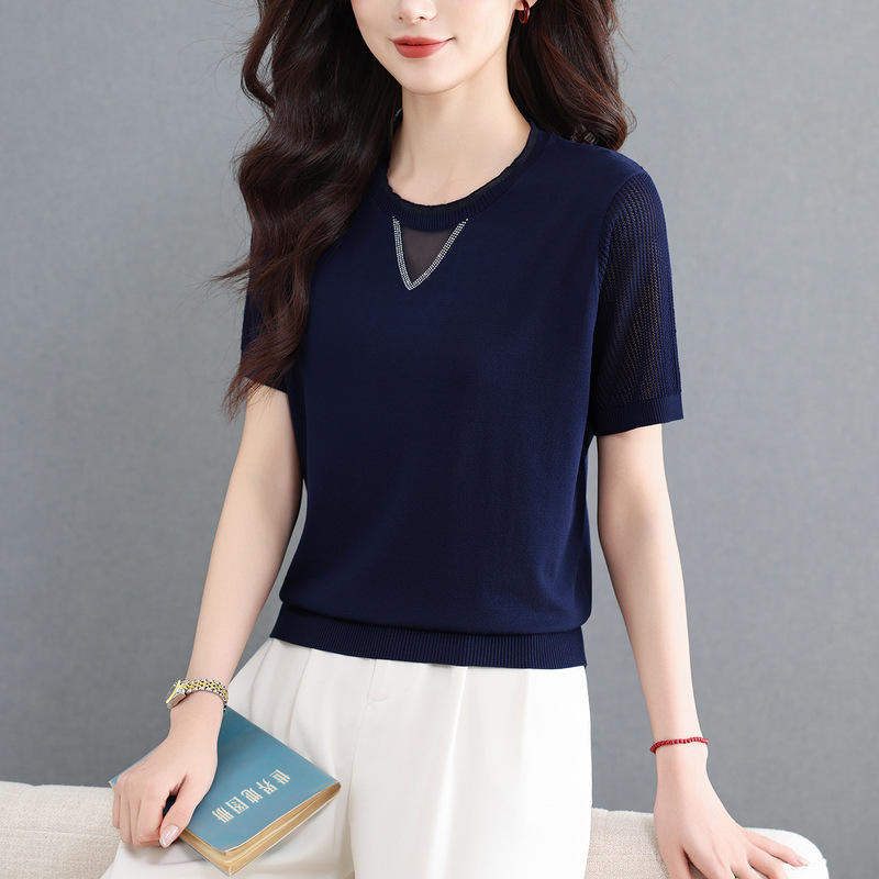 French-Style Hollow-Out Ice Silk Knit Short-Sleeve T-Shirt for Women, Summer 2026, Thin, Breathable, Loose-Fitting, Slimming Top, Half-Sleeve T-Shirt French-Style Hollow-Out Ice Silk Knit Short-Sleeve T-Shirt for Women, Summer 2026, Thin, Breathable, Loose-Fitting, Slimming Top, Half-Sleeve T-Shirt