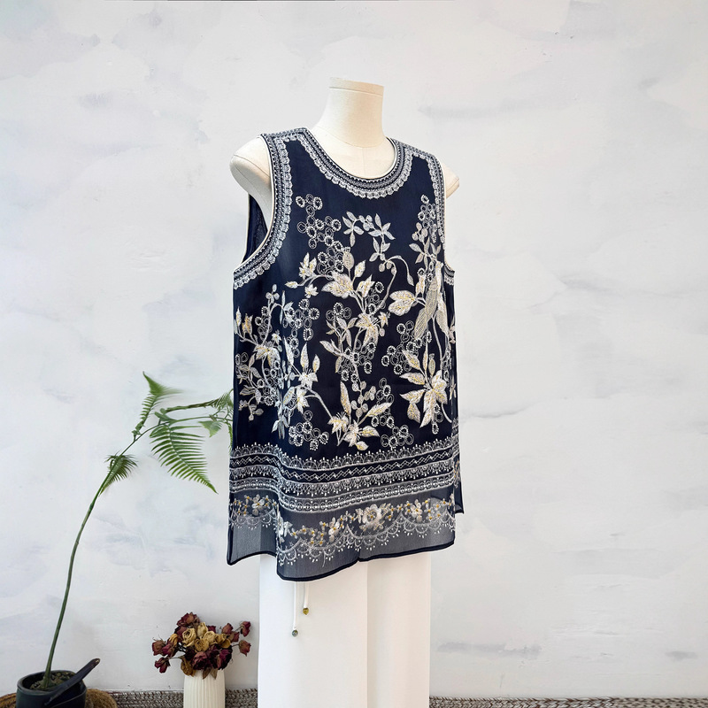 Embroidered Steel Bead Sleeveless Top 2025 Summer New Style Round Neck Double-Layer Slimming Mid-Length Blouse Summer Short-Sleeve