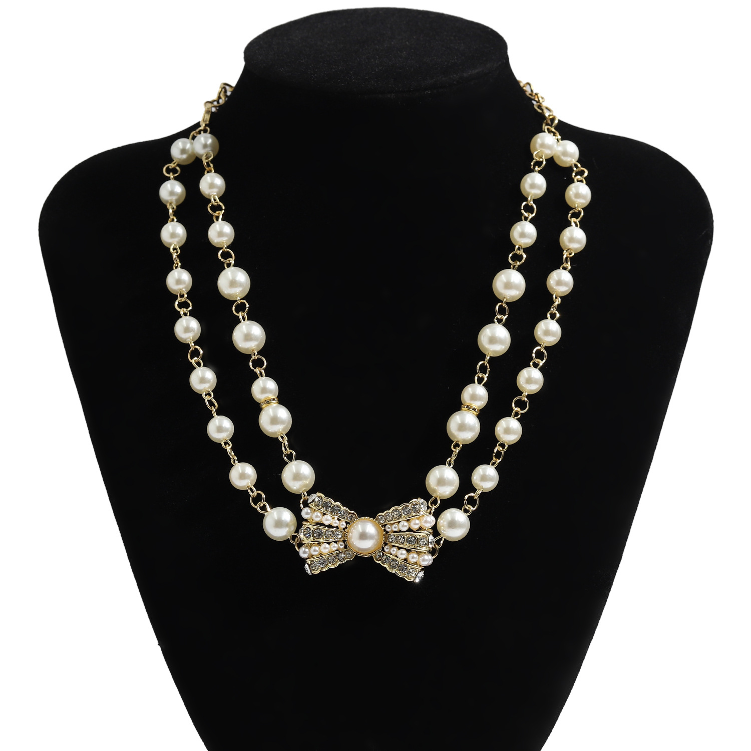 Korean Double-layer Bowknot Pearl Necklace Wholesale display picture 8