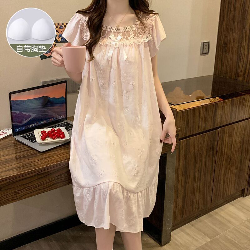 One-Shoulder Nightgown for Women, Summer Short-Sleeve Sleepwear with Cotton Fixed Chest Pads, Home Dress Nightgown with Fixed Chest Pads One-Shoulder Nightgown for Women, Summer Short-Sleeve Sleepwear with Cotton Fixed Chest Pads, Home Dress Nightgown with Fixed Chest Pads