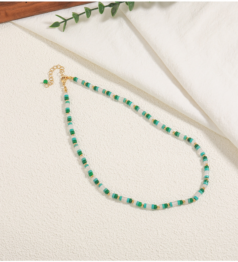 Linglang Natural Stone Beaded Necklace Boho Handmade Choker Chain Green and White Necklace Jewelry
